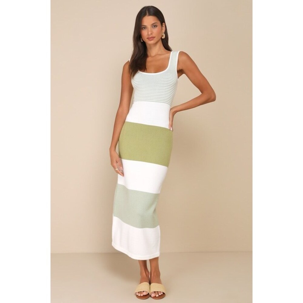 Lulus Easily Gorgeous Ivory And Sage Green Striped Midi Sweater Dress White